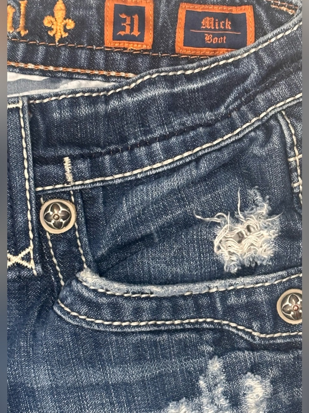 Rock Revival Mick Boot Jeans Men’s 31 Distressed Dark Wash Embroidered Pocket - Picture 5 of 6